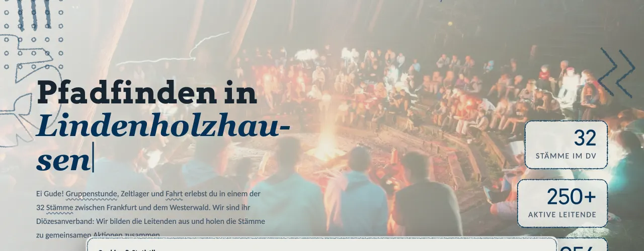 Startseite der neuen DPSG-Limburg-Website: Lagerfeuer im Wald, Überschrift „Pfadfinden in Lindenholzhausen“, Kreide-Zeichen